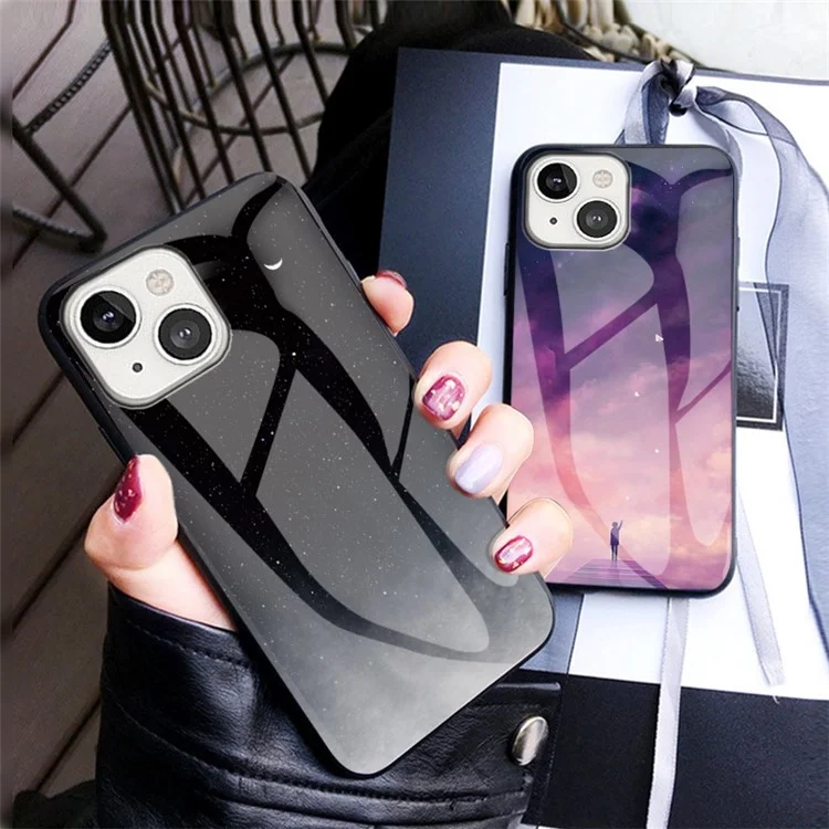 Starry Sky Pattern Design Phone Case for iPhone 14 Plus 6.7 inch, Impact Resistant TPU Bumper Tempered Glass PC Back Cover - Bright Starry Sky