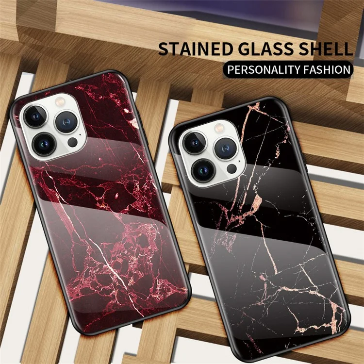 Para Iphone 14 Pro 6.1 Pulgadas Anti-scratch Telep Cover Back Mármol Vidrio Templado a Prueba de Choque + PC + TPU Hybrid Case - Mármol Rojo de Sangre