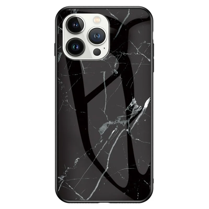 For iPhone 14 Pro 6.1 inch Anti-scratch Phone Back Cover Marble Pattern Shockproof Tempered Glass + PC + TPU Hybrid Case - Black Marble