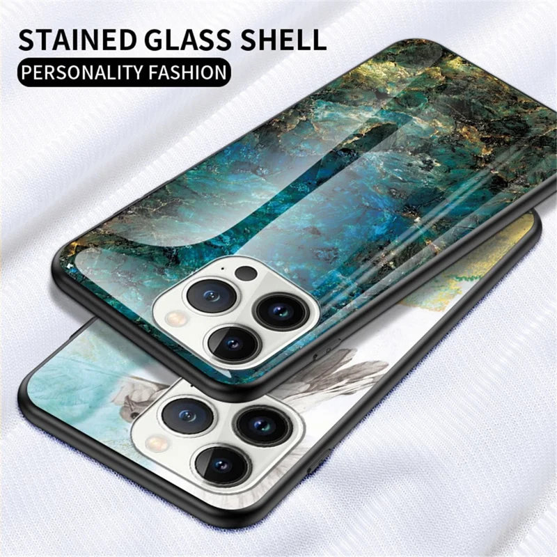 For iPhone 14 Pro 6.1 inch Anti-scratch Phone Back Cover Marble Pattern Shockproof Tempered Glass + PC + TPU Hybrid Case - Black Marble