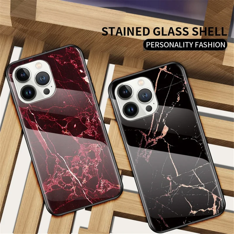 For iPhone 14 Pro 6.1 inch Anti-scratch Phone Back Cover Marble Pattern Shockproof Tempered Glass + PC + TPU Hybrid Case - Black Marble