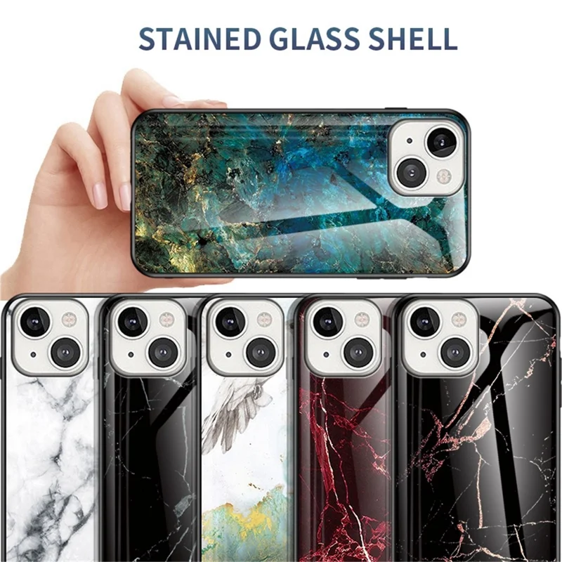 For iPhone 14 6.1 inch Marble Pattern Shockproof Tempered Glass + PC + TPU Hybrid Cover Back Case - Emerald Marble