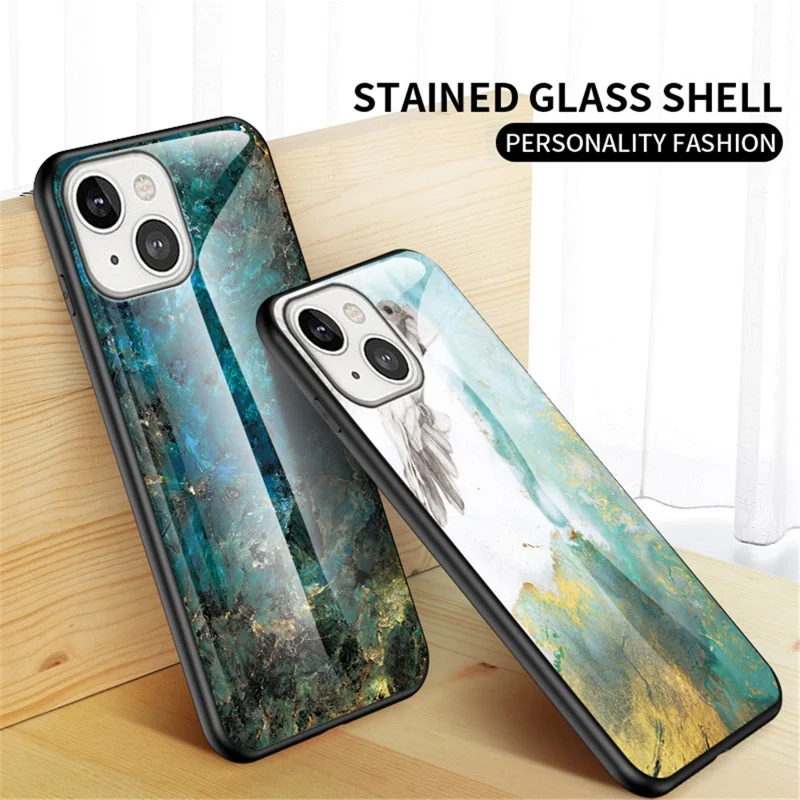 For iPhone 14 6.1 inch Marble Pattern Shockproof Tempered Glass + PC + TPU Hybrid Cover Back Case - Emerald Marble