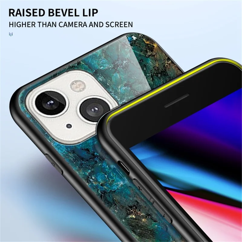 For iPhone 14 6.1 inch Marble Pattern Shockproof Tempered Glass + PC + TPU Hybrid Cover Back Case - Emerald Marble