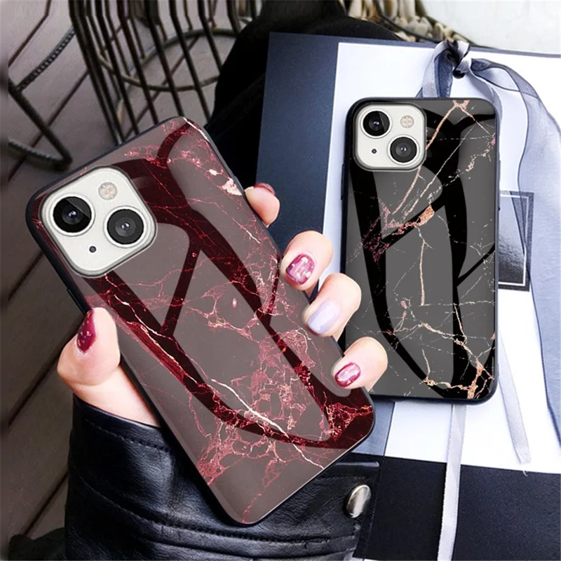 For iPhone 14 6.1 inch Marble Pattern Shockproof Tempered Glass + PC + TPU Hybrid Cover Back Case - Emerald Marble