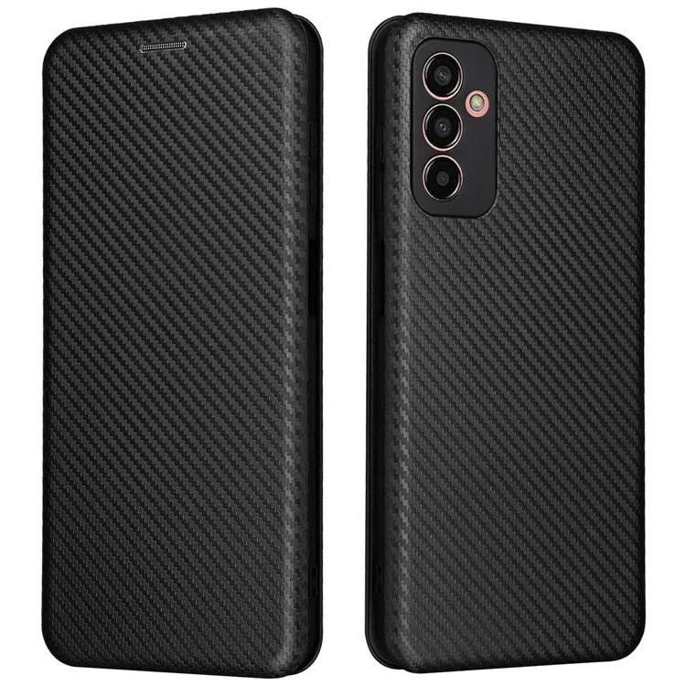 Para Samsung Galaxy M13 4G Holder Caso Caixa Telefone Textura de Fibra de Carbono PU Cover de Proteção de Couro Com Suporte - Preto