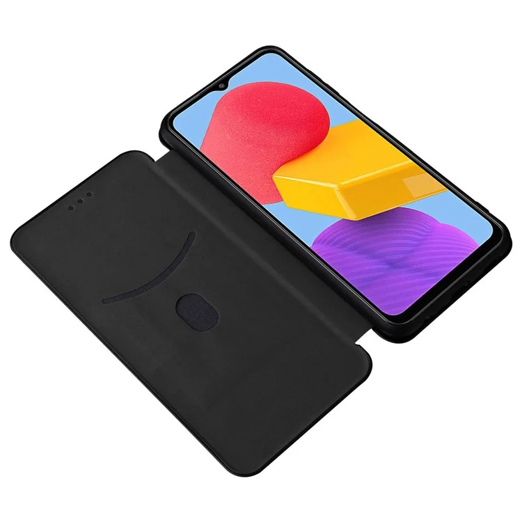 Para Samsung Galaxy M13 4G Holder Caso Caixa Telefone Textura de Fibra de Carbono PU Cover de Proteção de Couro Com Suporte - Preto