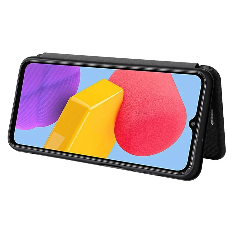 Para Samsung Galaxy M13 4G Holder Caso Caixa Telefone Textura de Fibra de Carbono PU Cover de Proteção de Couro Com Suporte - Preto
