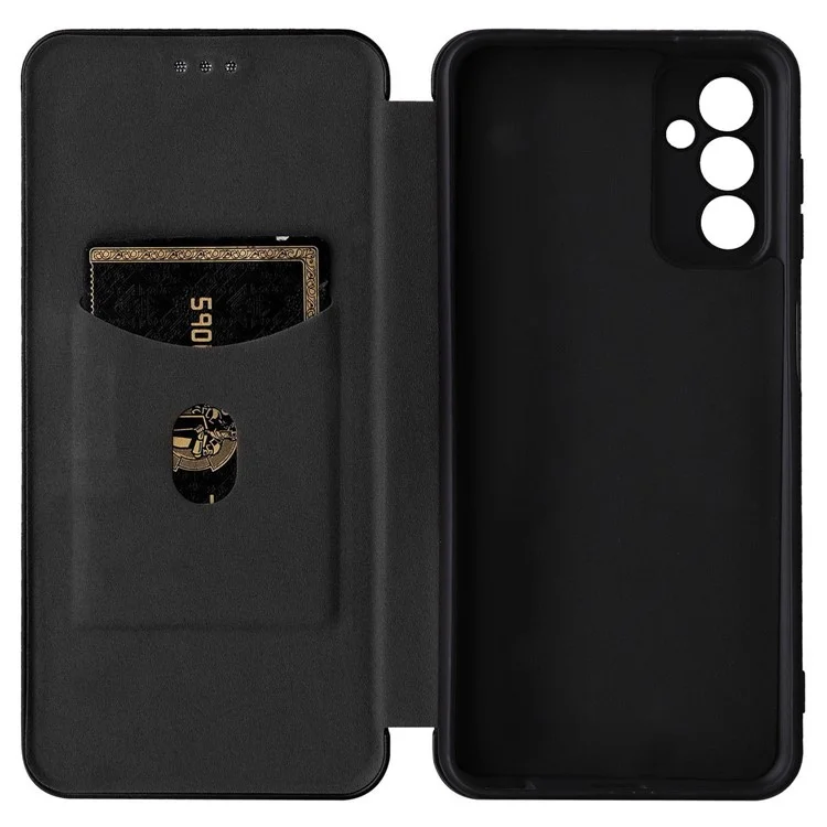 Para Samsung Galaxy M13 4G Holder Caso Caixa Telefone Textura de Fibra de Carbono PU Cover de Proteção de Couro Com Suporte - Preto