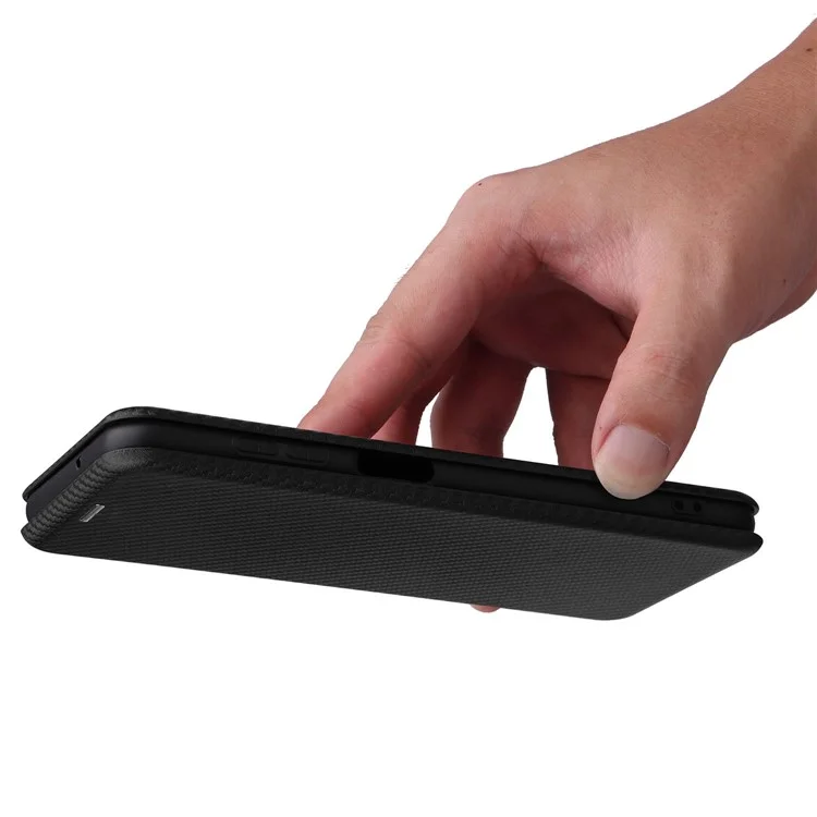 Para Samsung Galaxy M13 4G Holder Caso Caixa Telefone Textura de Fibra de Carbono PU Cover de Proteção de Couro Com Suporte - Preto