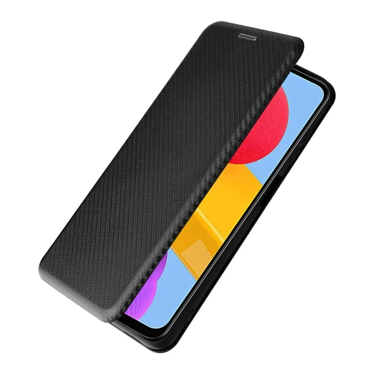 Para Samsung Galaxy M13 4G Holder Caso Caixa Telefone Textura de Fibra de Carbono PU Cover de Proteção de Couro Com Suporte - Preto