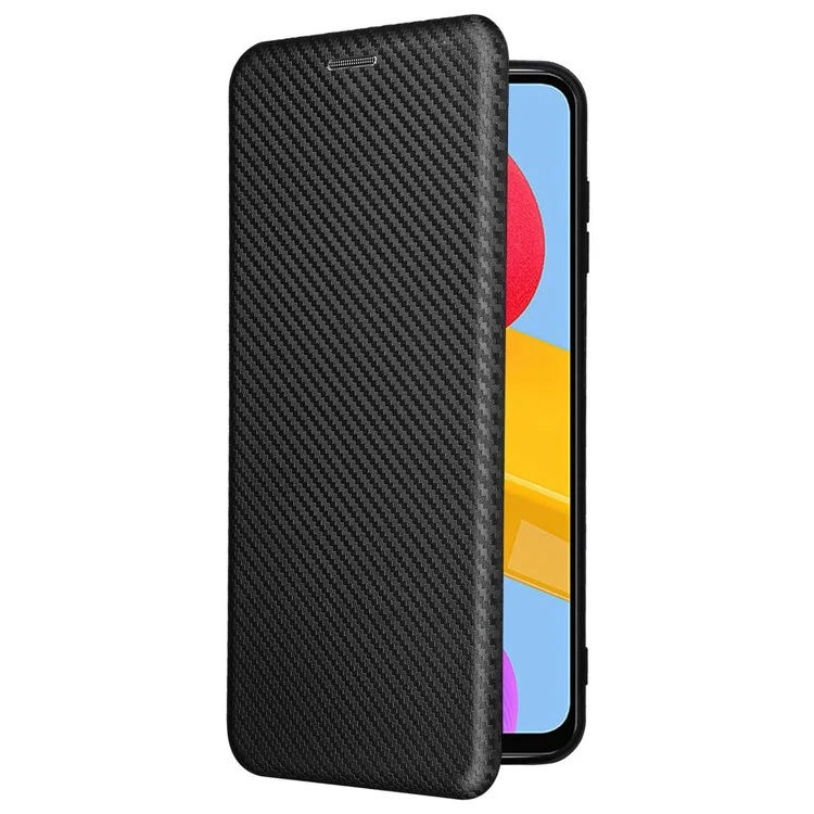 Para Samsung Galaxy M13 4G Holder Caso Caixa Telefone Textura de Fibra de Carbono PU Cover de Proteção de Couro Com Suporte - Preto
