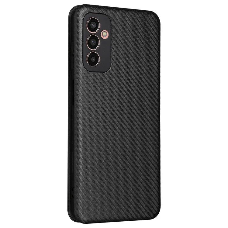 Para Samsung Galaxy M13 4G Holder Caso Caixa Telefone Textura de Fibra de Carbono PU Cover de Proteção de Couro Com Suporte - Preto