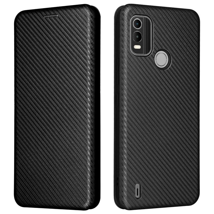 Pour Nokia C21 Plus 4G Carbon Fiber Texture PU Leather Card Holder Cover Phone Stand Case - Noir