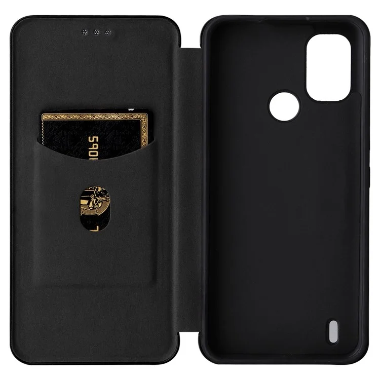 Pour Nokia C21 Plus 4G Carbon Fiber Texture PU Leather Card Holder Cover Phone Stand Case - Noir