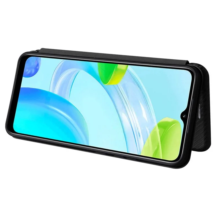 For Realme C30 4G Magnetic Auto Closing Carbon Fiber Texture Phone Case PU Leather Card Holder Cover with Ring Stand - Black
