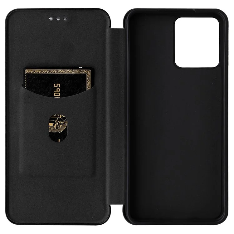 For Realme C30 4G Magnetic Auto Closing Carbon Fiber Texture Phone Case PU Leather Card Holder Cover with Ring Stand - Black