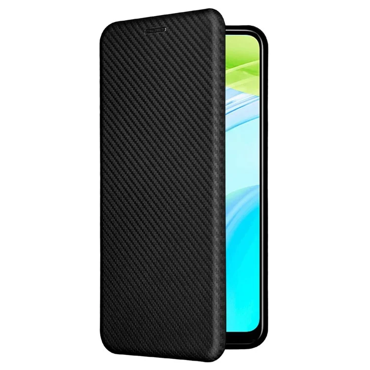 For Realme C30 4G Magnetic Auto Closing Carbon Fiber Texture Phone Case PU Leather Card Holder Cover with Ring Stand - Black