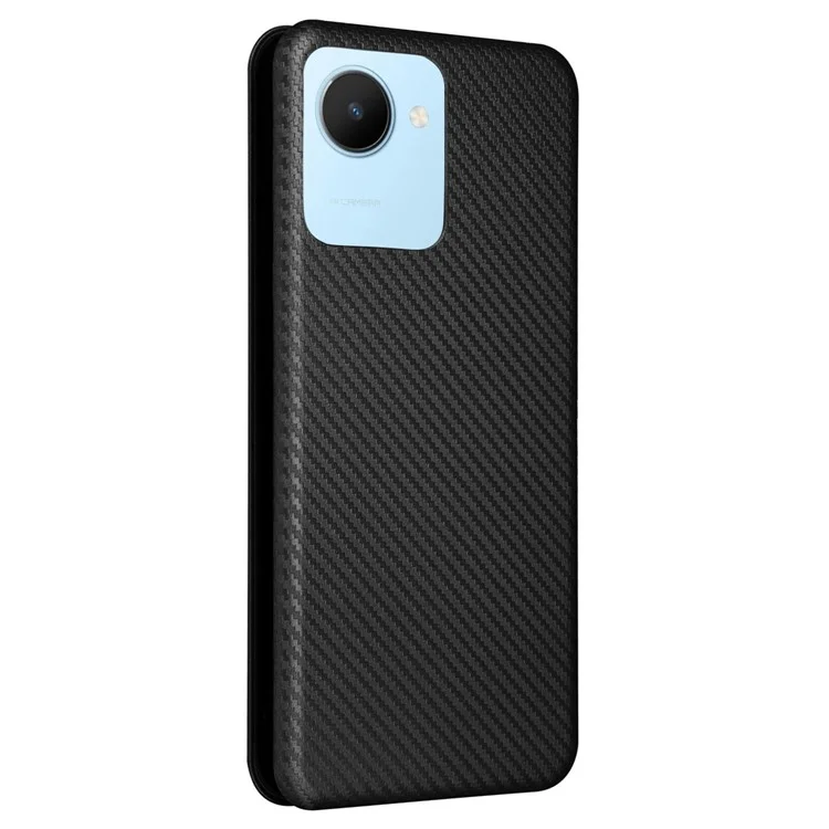 For Realme C30 4G Magnetic Auto Closing Carbon Fiber Texture Phone Case PU Leather Card Holder Cover with Ring Stand - Black
