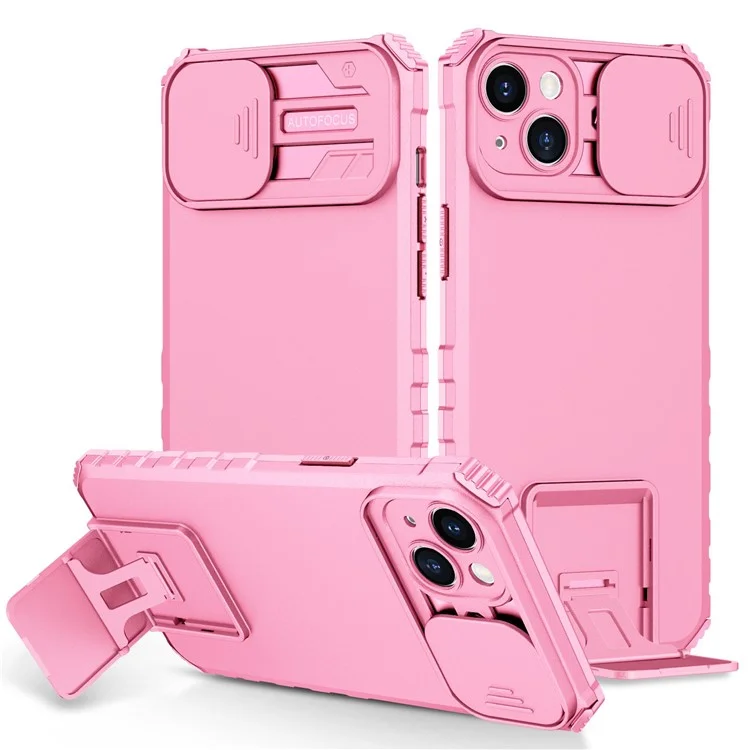 For iPhone 14 Plus 6.7 inch Cell Phone Shell Kickstand PC + TPU Hybrid Cover Slide Camera Protection Anti-Scratch Phone Case - Pink