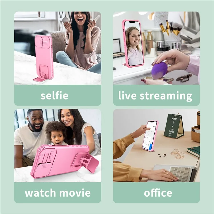 For iPhone 14 Plus 6.7 inch Cell Phone Shell Kickstand PC + TPU Hybrid Cover Slide Camera Protection Anti-Scratch Phone Case - Pink