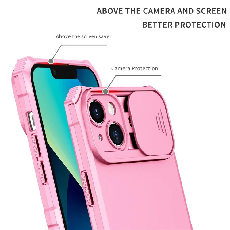 For iPhone 14 Plus 6.7 inch Cell Phone Shell Kickstand PC + TPU Hybrid Cover Slide Camera Protection Anti-Scratch Phone Case - Pink