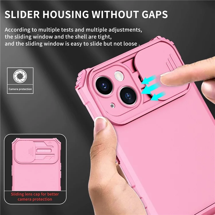 For iPhone 14 Plus 6.7 inch Cell Phone Shell Kickstand PC + TPU Hybrid Cover Slide Camera Protection Anti-Scratch Phone Case - Pink