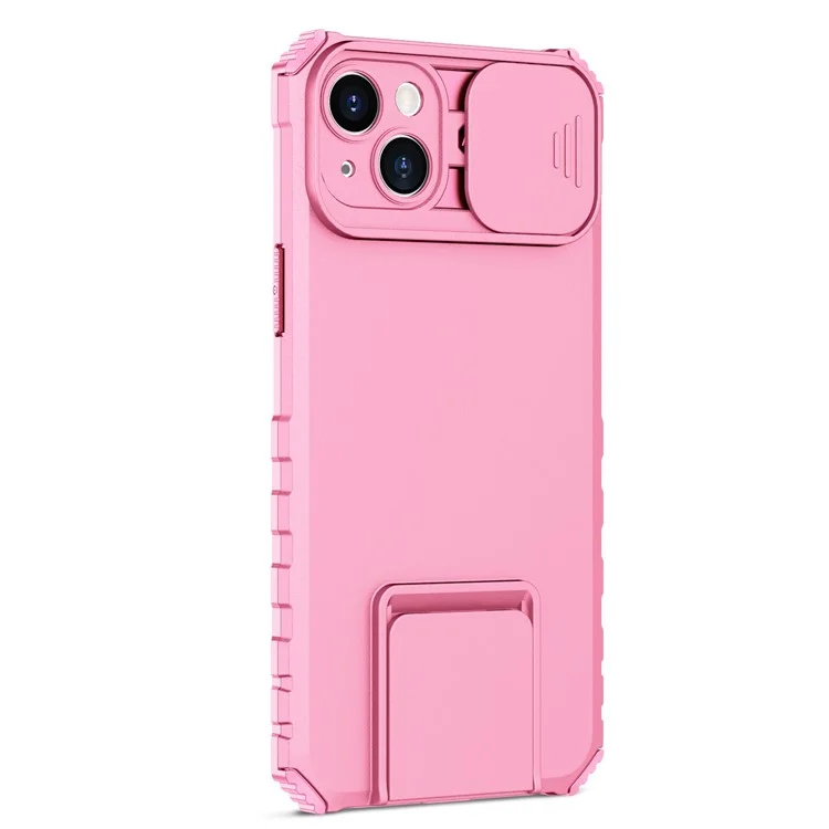 For iPhone 14 Plus 6.7 inch Cell Phone Shell Kickstand PC + TPU Hybrid Cover Slide Camera Protection Anti-Scratch Phone Case - Pink