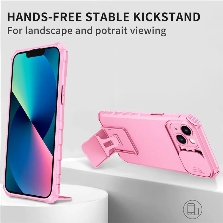 For iPhone 14 Plus 6.7 inch Cell Phone Shell Kickstand PC + TPU Hybrid Cover Slide Camera Protection Anti-Scratch Phone Case - Pink