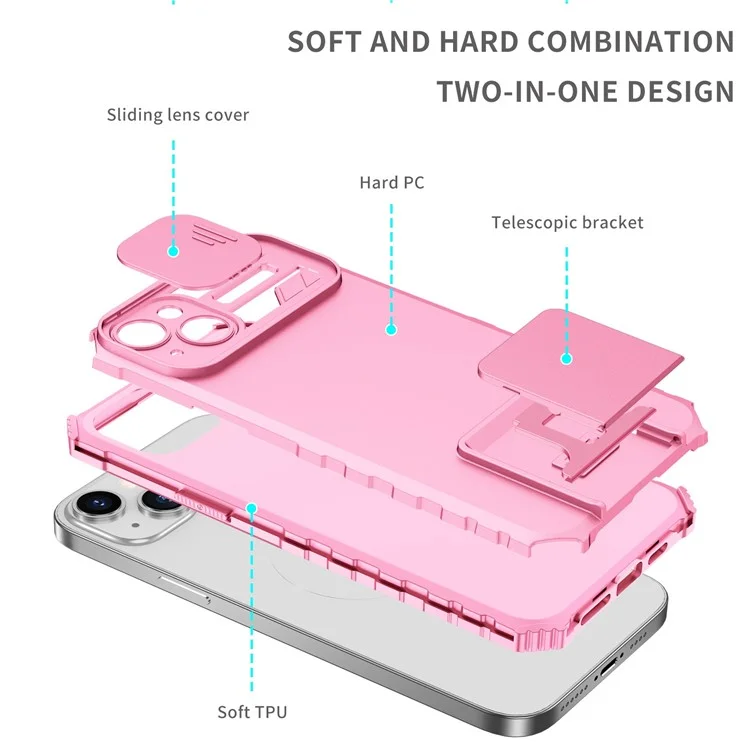 For iPhone 14 Plus 6.7 inch Cell Phone Shell Kickstand PC + TPU Hybrid Cover Slide Camera Protection Anti-Scratch Phone Case - Pink