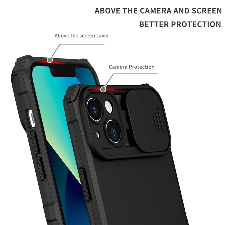 For iPhone 14 Plus 6.7 inch Cell Phone Shell Kickstand PC + TPU Hybrid Cover Slide Camera Protection Anti-Scratch Phone Case - Black