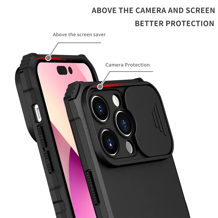 Чехол для телефона Cell Phone Shell для iPhone 14 Pro 6.1 дюйма, стабильная подставка из ПК + защитный экран камеры из TPU, противоударный чехол для телефона - черный