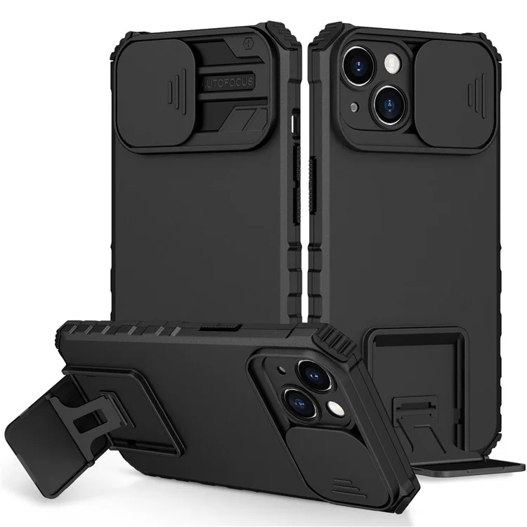 Per iPhone 14 6.1 pollici Custodia per telefono cellulare a prova di polvere con supporto Protezione PC + TPU per fotocamera scorrevole Antigraffio Custodia per telefono - Nero