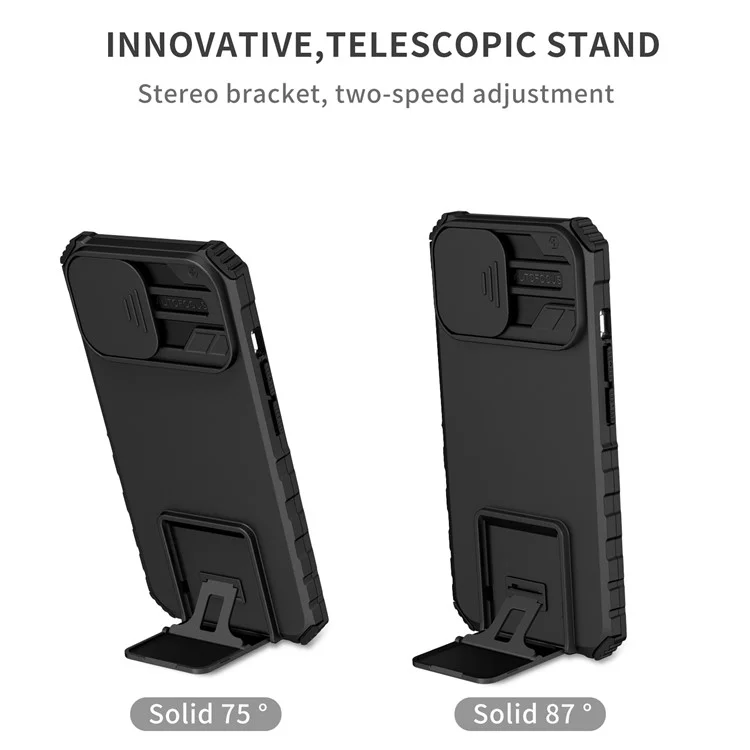 Per iPhone 14 6.1 pollici Custodia per telefono cellulare a prova di polvere con supporto Protezione PC + TPU per fotocamera scorrevole Antigraffio Custodia per telefono - Nero