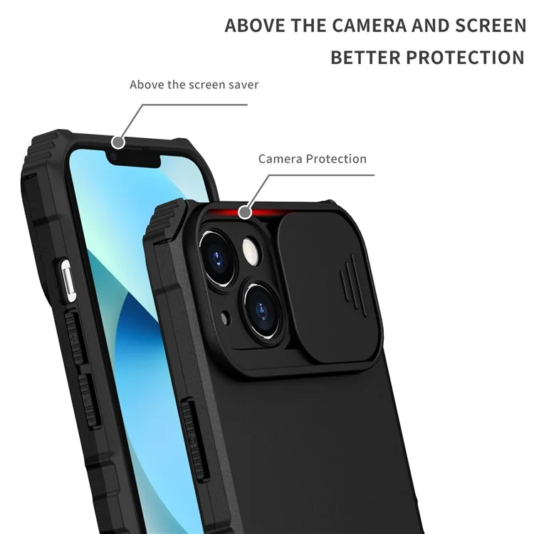Per iPhone 14 6.1 pollici Custodia per telefono cellulare a prova di polvere con supporto Protezione PC + TPU per fotocamera scorrevole Antigraffio Custodia per telefono - Nero