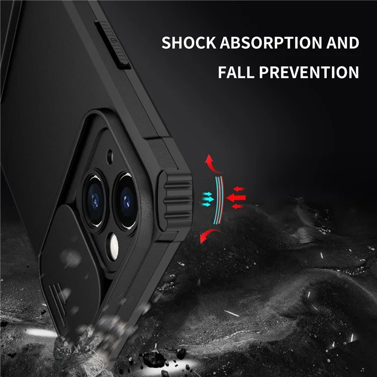 Per iPhone 14 6.1 pollici Custodia per telefono cellulare a prova di polvere con supporto Protezione PC + TPU per fotocamera scorrevole Antigraffio Custodia per telefono - Nero