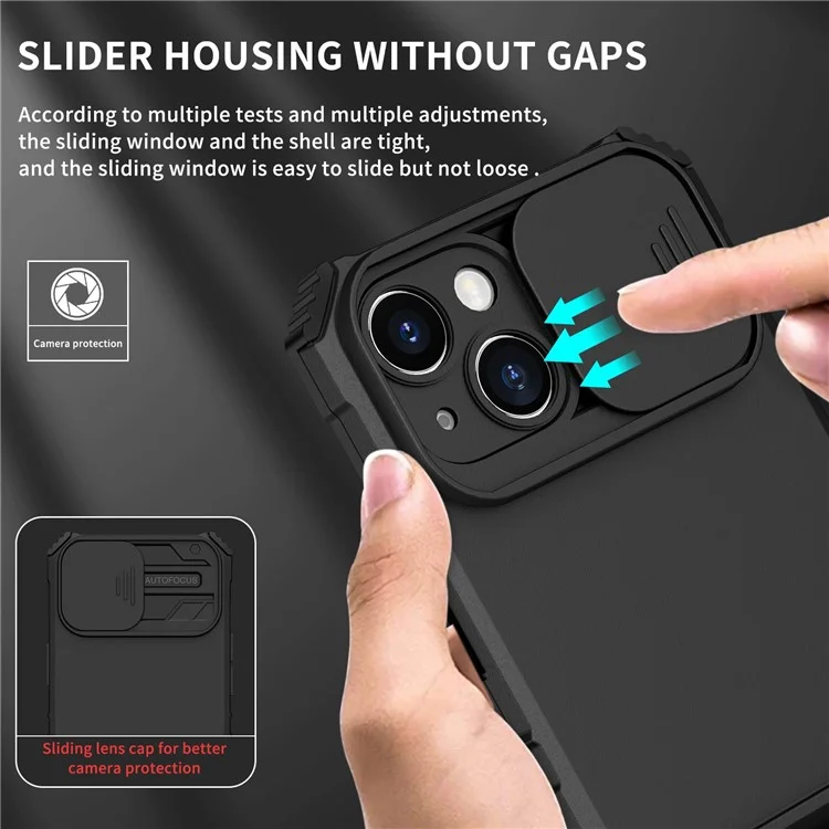 Per iPhone 14 6.1 pollici Custodia per telefono cellulare a prova di polvere con supporto Protezione PC + TPU per fotocamera scorrevole Antigraffio Custodia per telefono - Nero