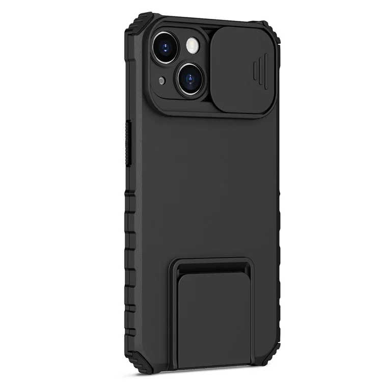 Per iPhone 14 6.1 pollici Custodia per telefono cellulare a prova di polvere con supporto Protezione PC + TPU per fotocamera scorrevole Antigraffio Custodia per telefono - Nero