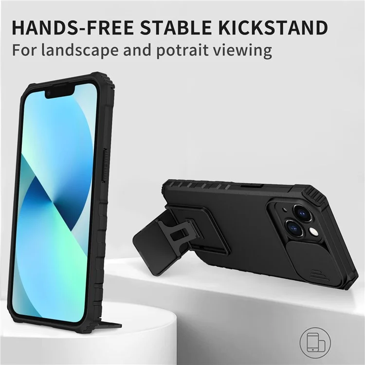 Per iPhone 14 6.1 pollici Custodia per telefono cellulare a prova di polvere con supporto Protezione PC + TPU per fotocamera scorrevole Antigraffio Custodia per telefono - Nero