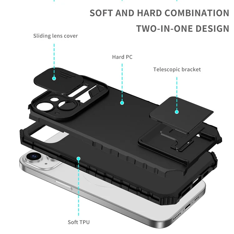 Per iPhone 14 6.1 pollici Custodia per telefono cellulare a prova di polvere con supporto Protezione PC + TPU per fotocamera scorrevole Antigraffio Custodia per telefono - Nero
