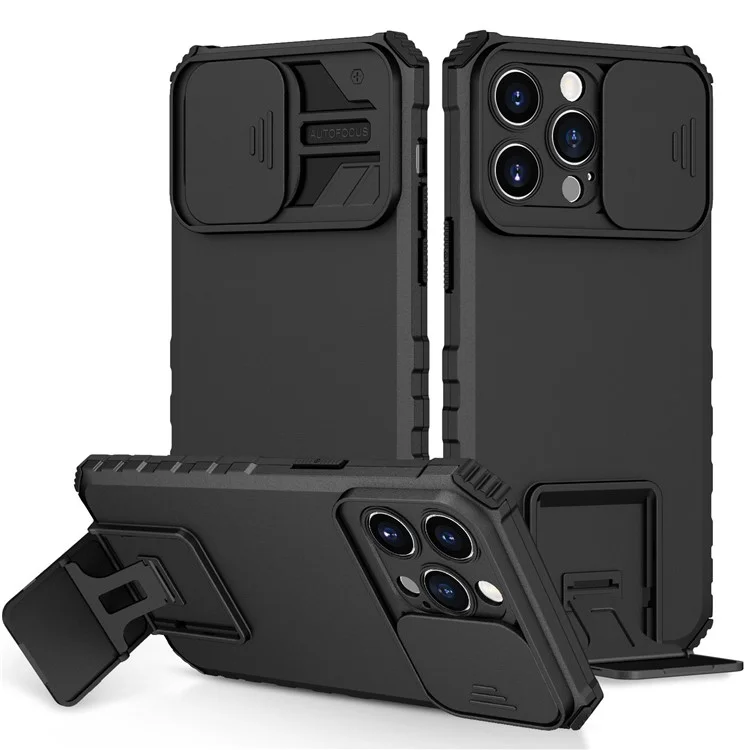 Für iPhone 14 Pro Max 6,7 Zoll Slide Camera Protection Cell Phone Shell Kickstand PC + TPU Hybrid Cover Phone Case - Schwarz