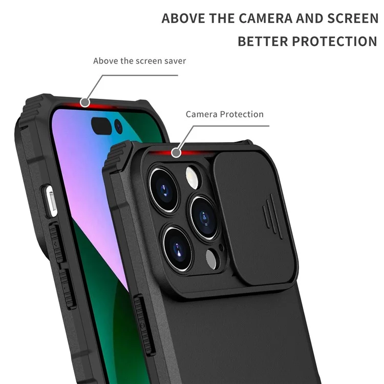 Für iPhone 14 Pro Max 6,7 Zoll Slide Camera Protection Cell Phone Shell Kickstand PC + TPU Hybrid Cover Phone Case - Schwarz