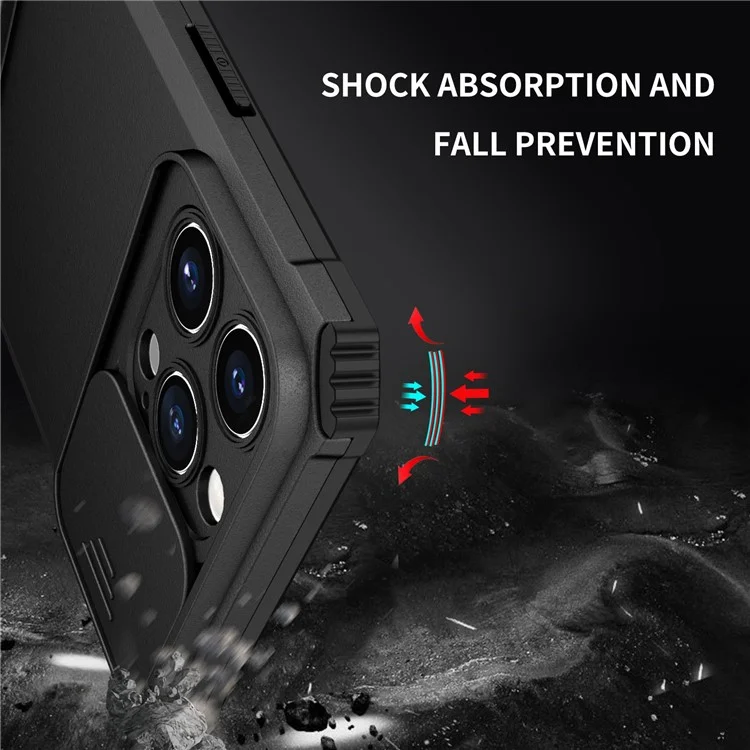 Für iPhone 14 Pro Max 6,7 Zoll Slide Camera Protection Cell Phone Shell Kickstand PC + TPU Hybrid Cover Phone Case - Schwarz