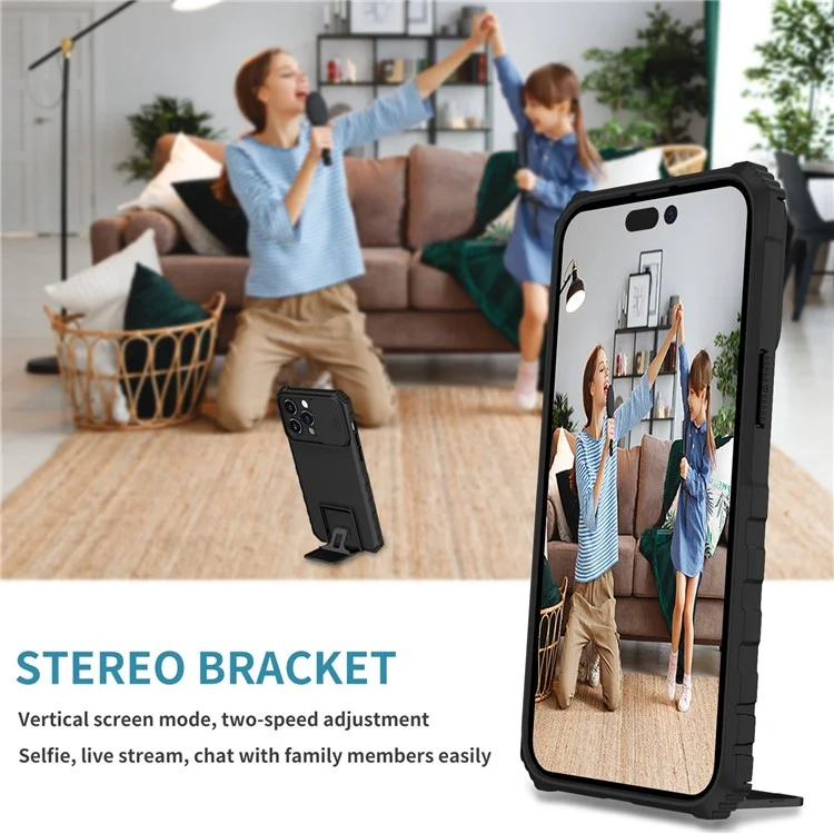 Für iPhone 14 Pro Max 6,7 Zoll Slide Camera Protection Cell Phone Shell Kickstand PC + TPU Hybrid Cover Phone Case - Schwarz