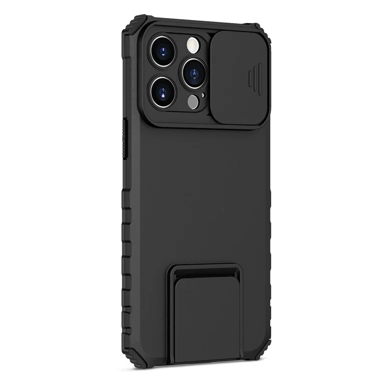 Für iPhone 14 Pro Max 6,7 Zoll Slide Camera Protection Cell Phone Shell Kickstand PC + TPU Hybrid Cover Phone Case - Schwarz