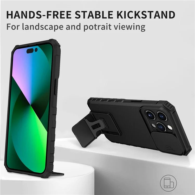 Für iPhone 14 Pro Max 6,7 Zoll Slide Camera Protection Cell Phone Shell Kickstand PC + TPU Hybrid Cover Phone Case - Schwarz