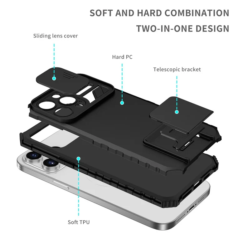 Für iPhone 14 Pro Max 6,7 Zoll Slide Camera Protection Cell Phone Shell Kickstand PC + TPU Hybrid Cover Phone Case - Schwarz