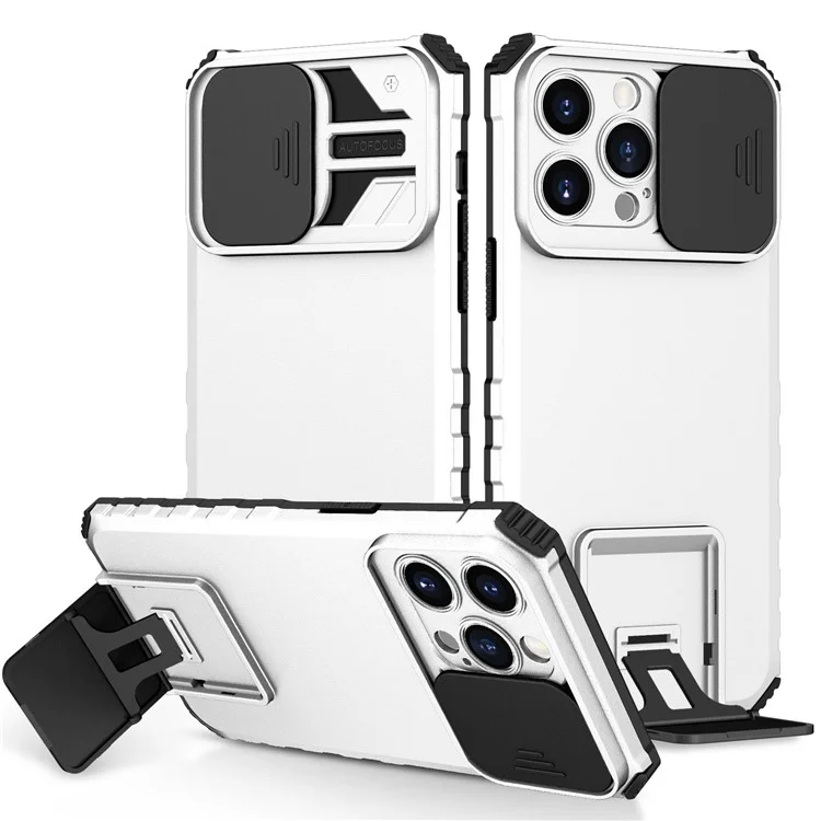 For iPhone 14 Pro Max 6.7 inch Slide Camera Protection Cell Phone Shell Kickstand PC + TPU Hybrid Cover Phone Case - White