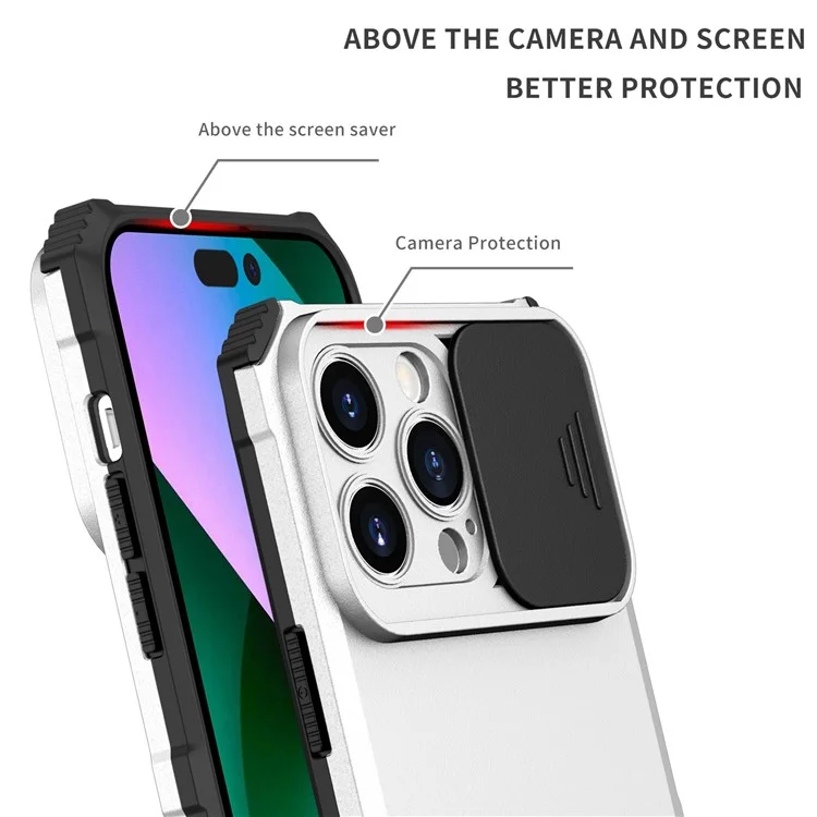 For iPhone 14 Pro Max 6.7 inch Slide Camera Protection Cell Phone Shell Kickstand PC + TPU Hybrid Cover Phone Case - White
