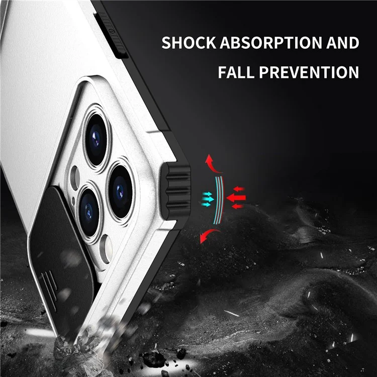 For iPhone 14 Pro Max 6.7 inch Slide Camera Protection Cell Phone Shell Kickstand PC + TPU Hybrid Cover Phone Case - White